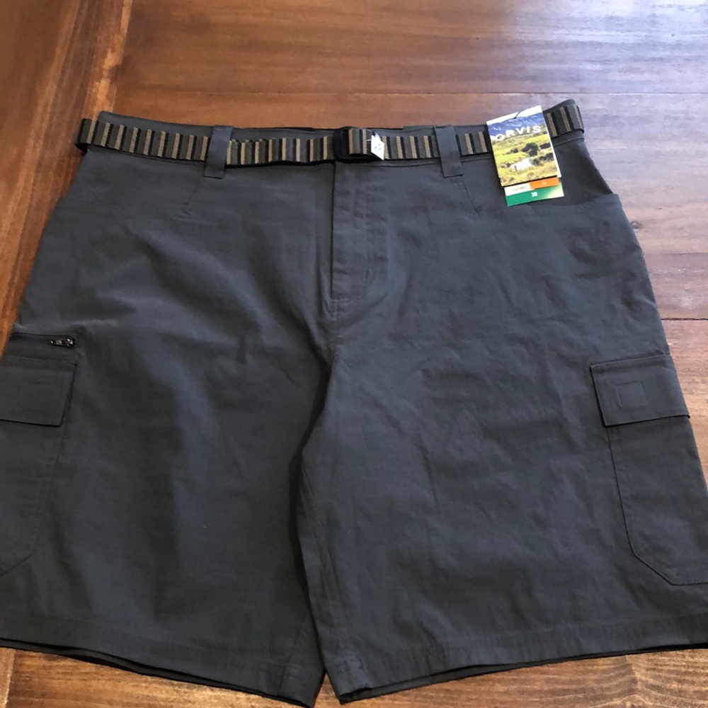 Orvis tech cargo shorts. Dark gray color. Comes with a casual striped belt. NWT!